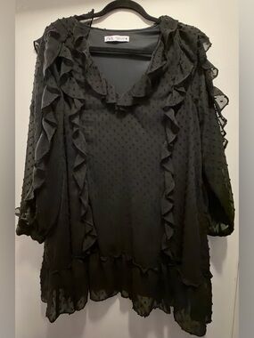Zara Black Ruffled Swiss Dot Chiffon Dress